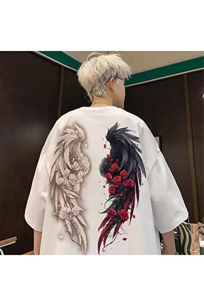 LAND MODA Tricou cu imprimeu trandafiri și aripi - Croială largă, tricou conf...