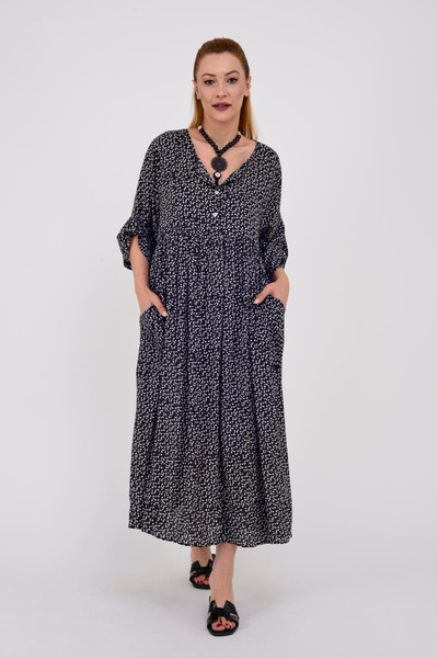 Park Moda فستان نسائي طويل من القطن بنقشة الزهور المقرمشة مع جيوب مقاس كبير