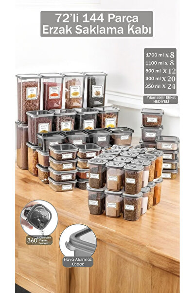 Buclee 144-Piece Set of 72 Square Food and Spice Containers with Labels Water Leak Proof Airtight Kitchen Organizer