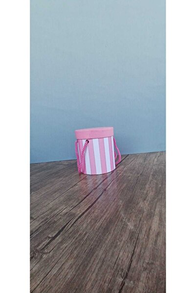 KERİBOX İpli pembe çizgili silindir kutu