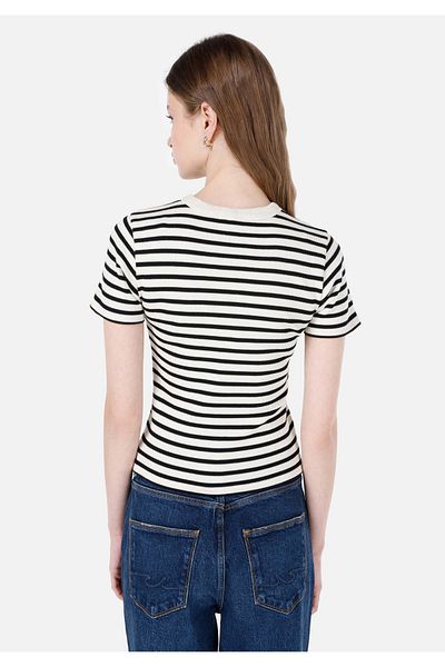 Colin's Tricou cu mânecă scurtă pentru femei, negru, cu dungi, cu decolteu, slim