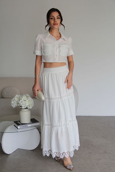 Julidress White Linen Fabric Lace Detailed Short Shirt and Maxi Skirt Bottom Top Premium Set