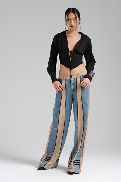 tw3 Γυναικείο τζιν δύο χρωμάτων με φαρδύ πόδι και ελαστικό πίσω μέρος