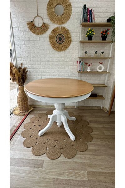 silla Concept Baba Ayaklı Masa Naturel Ahşap Yuvarlak Üst Tablalı Beyaz Ayaklı Açılır Masa (ÇAP 100 CM)