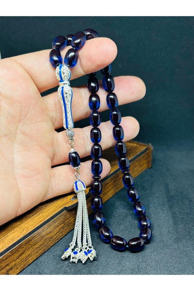 SanGümüş Parlement mavi usta işi ateş kehribar tesbih