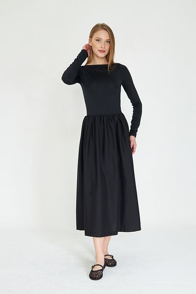 SevdeUgur Γυναικείο Maxi Length Stretchy πλεκτό τοπ και φούστα ποπλίνα Κομψό μαύρο φόρεμα / Sevde Ugur