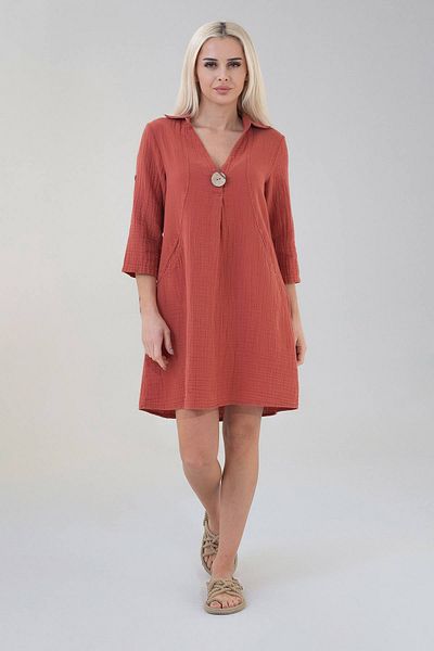 Fashion Showcase Rochie tunică cu mânecă tunel din muselină din bumbac natural cu buzunar frontal - țiglă