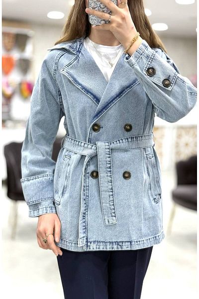 Magazin Trenci din denim cu guler dublu cu buzunare