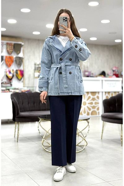 Magazin Trenci din denim cu guler dublu cu buzunare