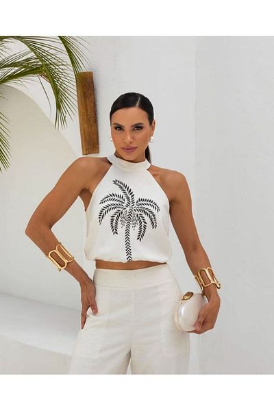 Butik Şenel Palm Tree Pattern Printed Halter Collar Trousers Suit