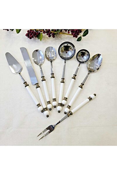 MaviDamla GOLD ESKİDME DETAYLI PORSELEN SAPLI 8 PARÇA SERVİS SETİ