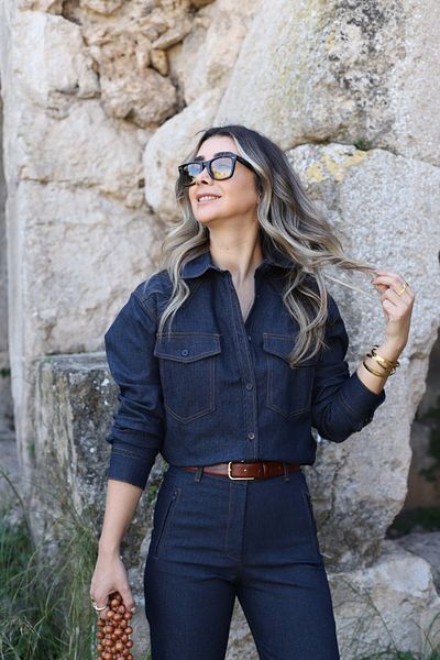 bytugcekaya Cămașă lungă de jeans albastru închis cu buzunar