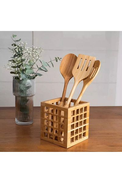 BLUE SİDE Bamboo Square Spoon Holder Bamboo Decorative Organizer Box