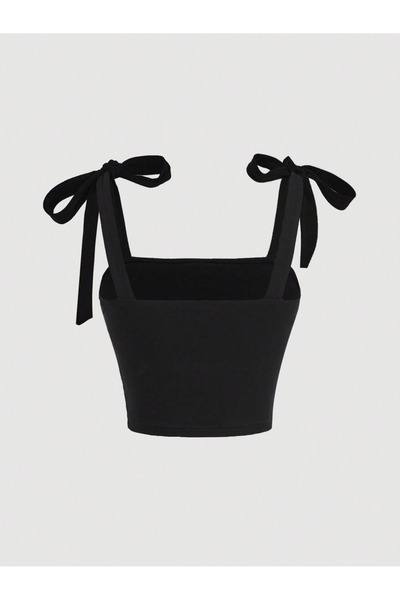 Marin Star Μαύρο φιόγκο Crop Top - Μαύρο φιόγκο με κορδόνι με φαρδιές τιράντες μπλούζα