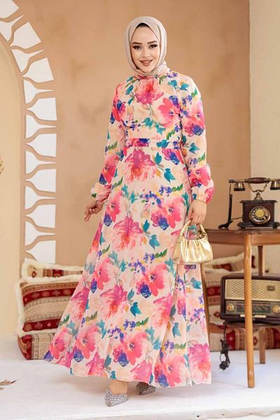 Neva Style Floral Patterned Fuchsia Hijab Dress 27993F
