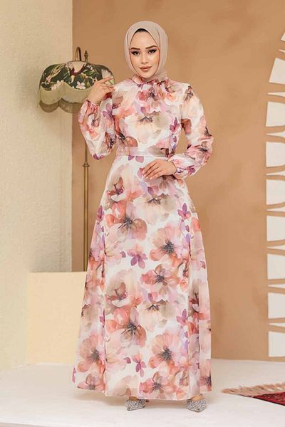 Neva Style Floral Patterned Beige Hijab Dress 27996