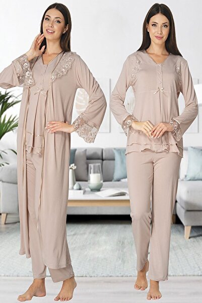 Effortt طقم بيجامة للحوامل بأكمام طويلة للنساء باللون البني الحليبي 2424