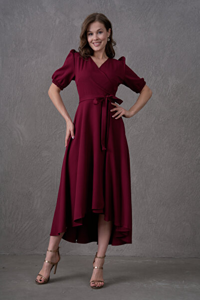 bayansepeti Stretchy Atlas Midi βραδινό φόρεμα με ασύμμετρο κόψιμο και φύλλο - Burgundy Flared Homecoming Dress 410