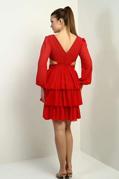 By Saygı Kadın Ön Arka V Yaka Bel Dekolteli Astarlı Katlı Şifon Kısa Elbise