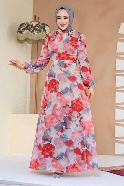 Neva Style Floral Patterned Red Hijab Dress 27990K