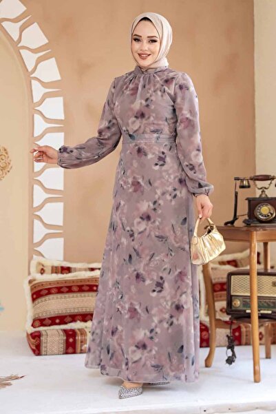 Neva Style Floral Patterned Dusty Rose Hijab Dress 27987Gk