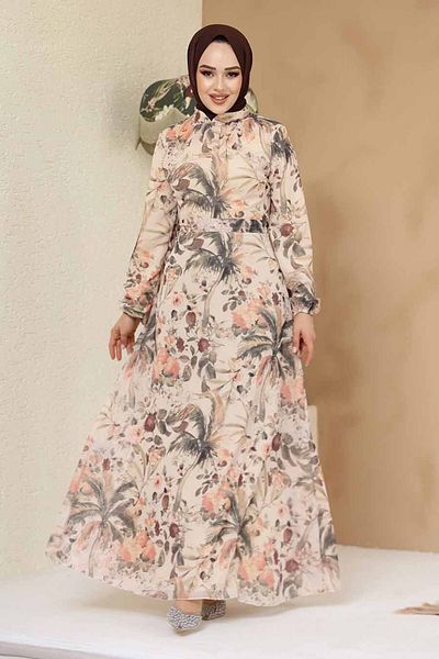 Neva Style Beige Hijab Dress with Flower Pattern 27988 Model