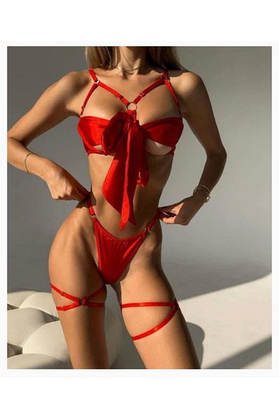 mendoza store Satin Fabric Bow Detailed Red Bra Set
