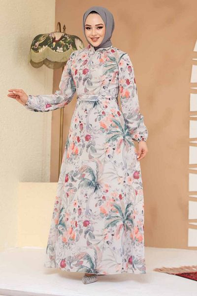 Neva Style Floral Patterned Ecru Hijab Dress 27988E