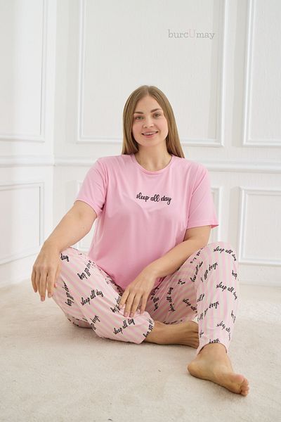 Burcumay Women's Plus Size Print Short Sleeve Stretchy Soft Textured Pink Summer Pajama Set