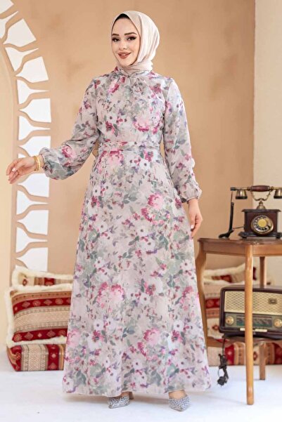 Neva Style Floral Patterned Mink Hijab Dress 27998V