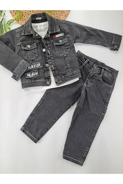 Butik طقم ثلاثي للأولاد باللون الرمادي، جاكيت جينز للعطلات، تي شيرت بنطلون