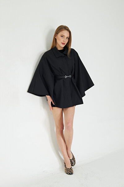 SevdeUgur Women's Black Belted Trench Coat Poncho / Sevde Ugur