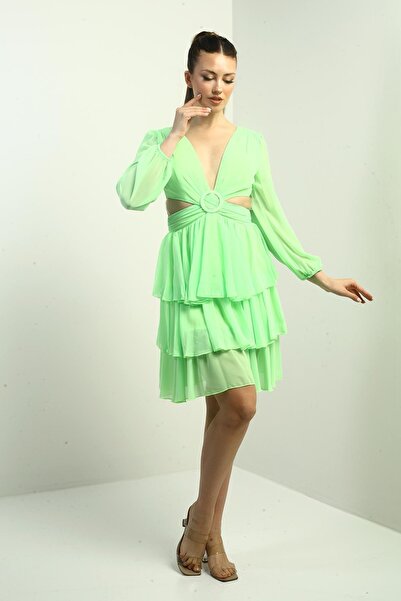 By Saygı Women's Front Back V Neck Low-Cut Low-Cut Lined Tiers Chiffon Short Dress