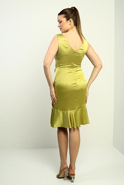 By Saygı Women's Double Breasted Lapel Lined Front Draped Front Flounce Satin Short Dress