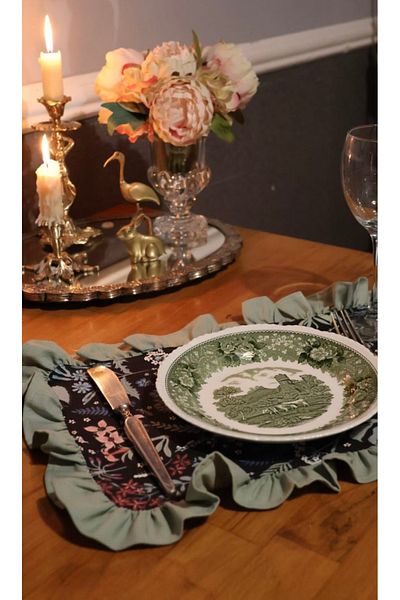 vintagetasarım American Service Floral Frilly Vintage 2 Pieces Duck Linen
