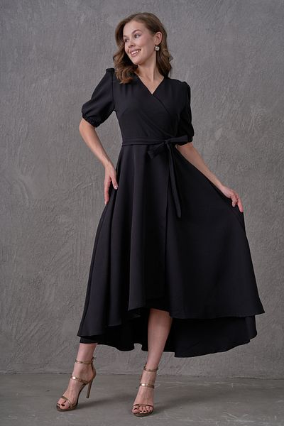 bayansepeti Flexible Atlas Fabric Belted Asymmetric Cut Midi Length Black Flared Evening Dress Graduation Dress 410