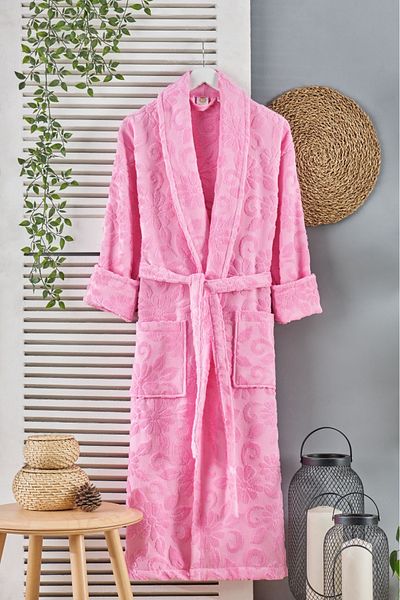 PHILIPPUS Belinda Velvet Jacquard Shawl Bathrobe Pink