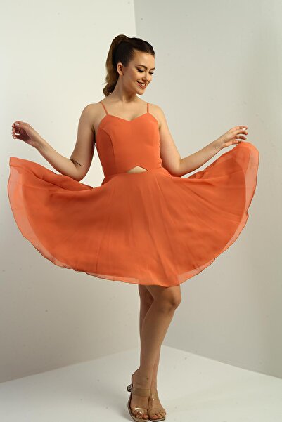 By Saygı Women's Rope Strap Back Tie Front Window Lined Chiffon Short Flared Dress