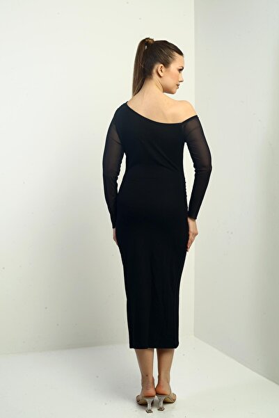 By Saygı Γυναικείο μακρύ φόρεμα με κρυστάλλινο ρουλέ μανίκι στη μέση