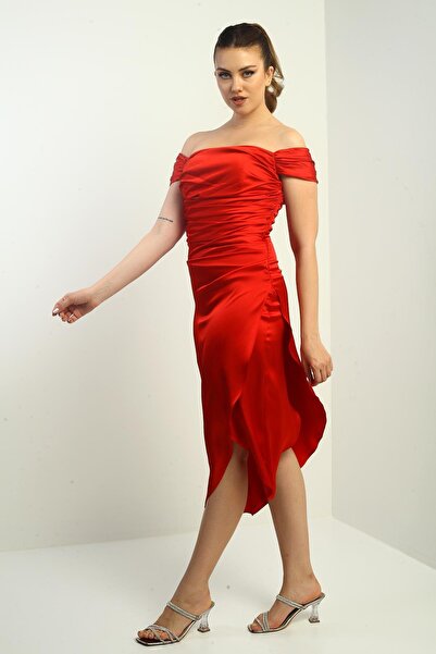 By Saygı Women's Madonna Collar Draped Asymmetrical Satin Short Dress