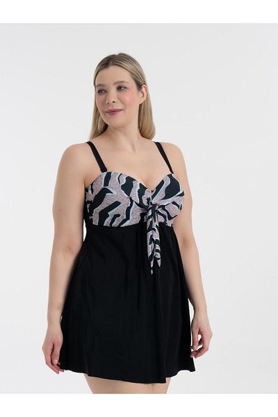 AQUAVİVA Aquaviva Women's Plus Size Black Brown Vein Pattern Gloria Gathering Dress