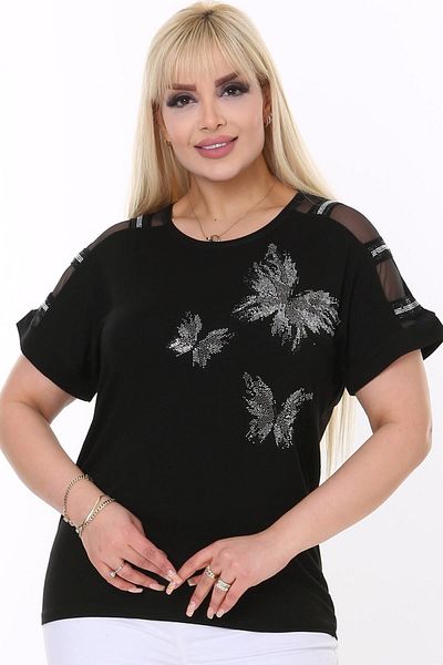 Kheos Butterfly Pattern Stone Printed Shoulder Tulle Stripe Short Sleeve Round Neck Comfortable Lycra Flexible Plus Size Blouse