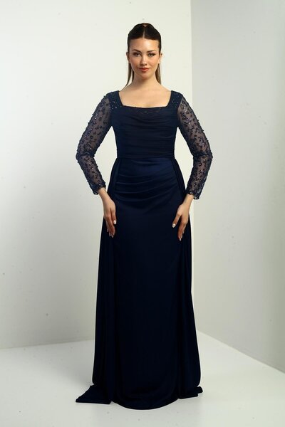 By Saygı Women's Square Neck Lined Sleeve Beaded Wide Size Spaced Crepe Satin Long Evening Dress