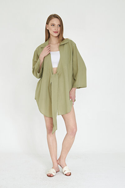SevdeUgur Дамска ленена кимоно риза с връзване в цвят каки / Sevde Ugur