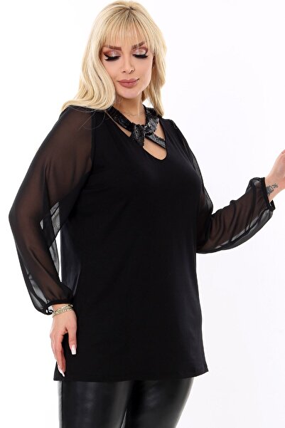 Kheos Round Neck Neck Sequin Detailed Long End Elastic Tulle Sleeve Flexible Lycra Plus Size Blouse