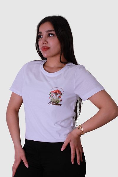 trender Tricou alb pentru damă cu imprimeu ciuperci