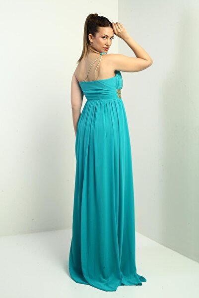 By Saygı Women's One Shoulder Strap Front Straw Lined Chiffon Long Dress