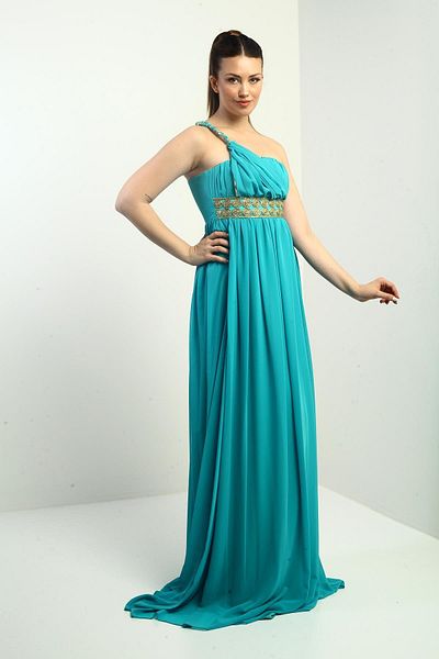 By Saygı Women's One Shoulder Strap Front Straw Lined Chiffon Long Dress