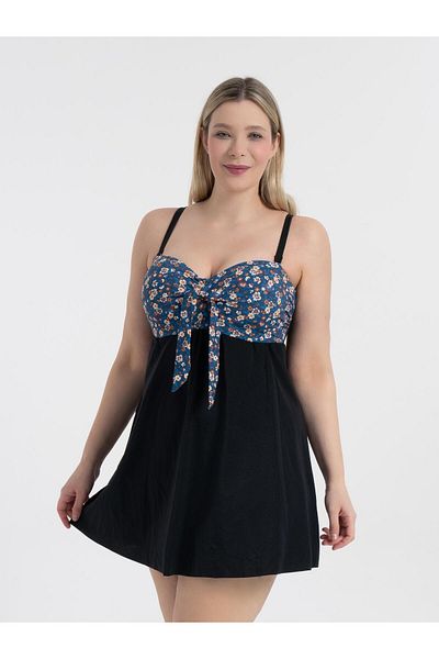 AQUAVİVA Aquaviva Women's Plus Size Navy Blue Small Flower Pattern Gloria Gathering Bow Dress Swimsuit