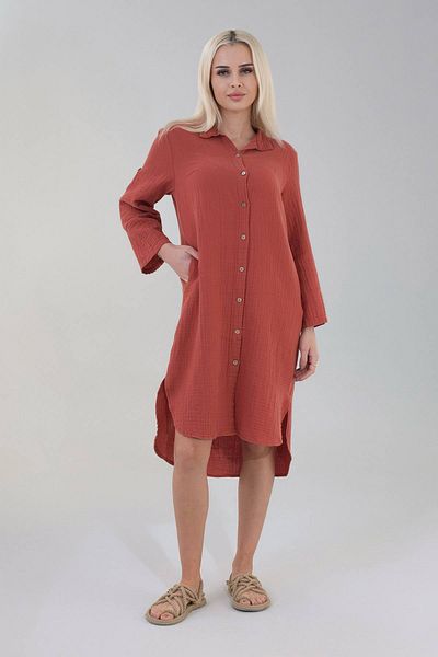 Fashion Showcase Φόρεμα από φυσικό ύφασμα Muslin Βαμβακερό μακρύ πουκάμισο με κουμπί μπροστά - Πλακάκι